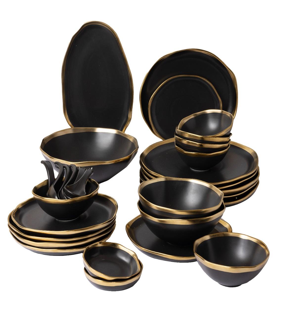 Gold Edged Black Dinner - Set Of 6