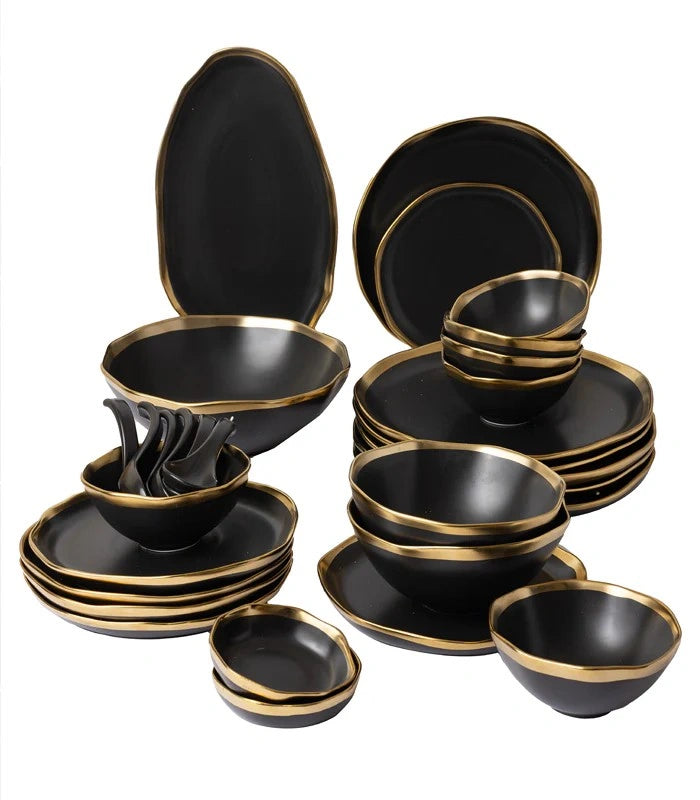 Gold Edged Black Dinner - Set Of 6